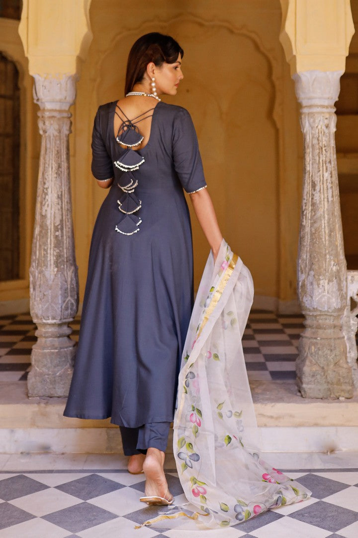 Solid Grey Anarkali Suit Set With Hand Painted Organza Dupatta