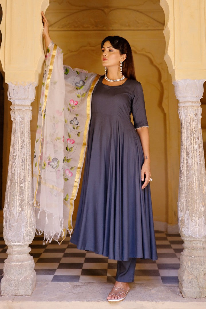 Solid Grey Anarkali Suit Set With Hand Painted Organza Dupatta