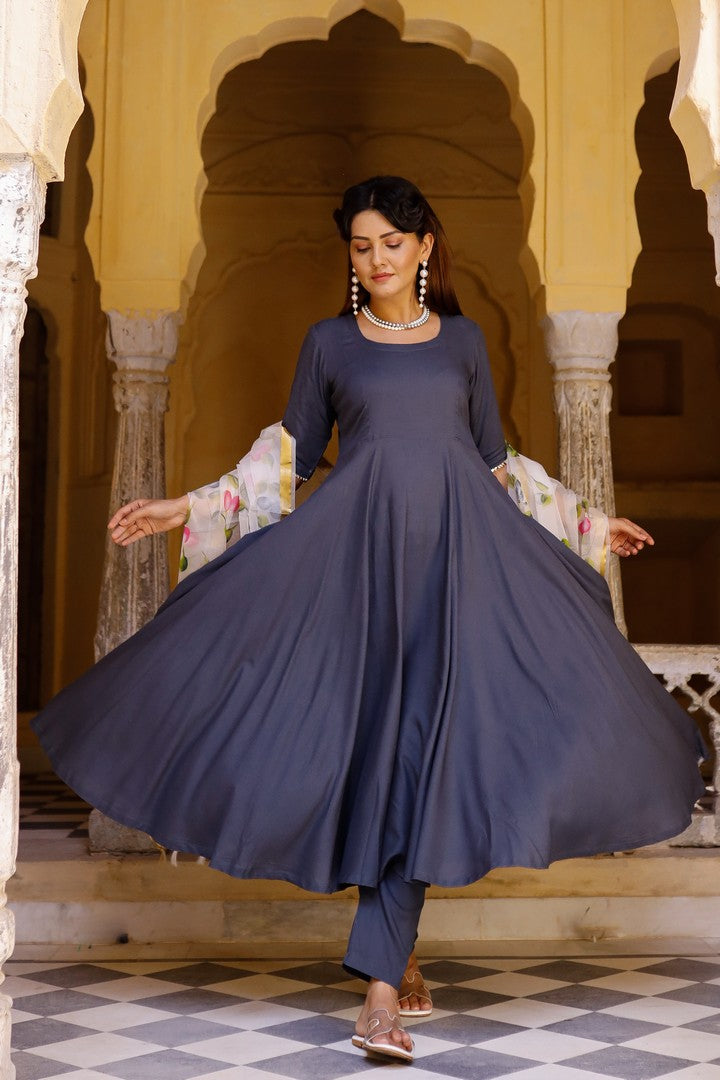 Solid Grey Anarkali Suit Set With Hand Painted Organza Dupatta