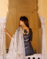 Solid Grey Anarkali Suit Set With Hand Painted Organza Dupatta