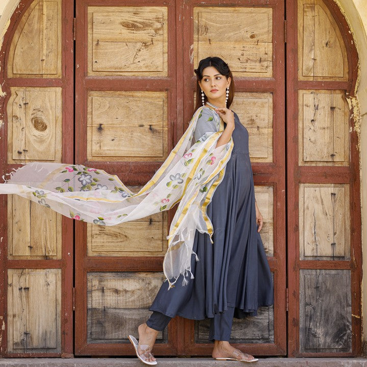 Solid Grey Anarkali Suit Set With Hand Painted Organza Dupatta