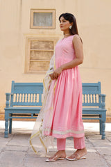 Solid Pink Anarkali Suit Set With Hand Painted Organza Dupatta