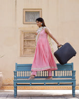 Solid Pink Anarkali Suit Set With Hand Painted Organza Dupatta