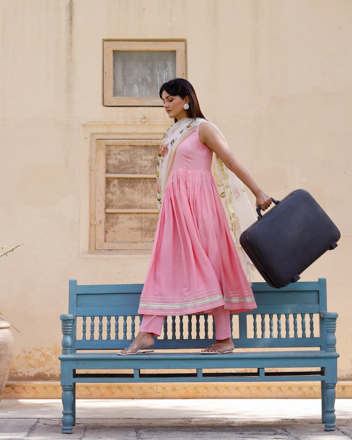 Solid Pink Anarkali Suit Set With Hand Painted Organza Dupatta