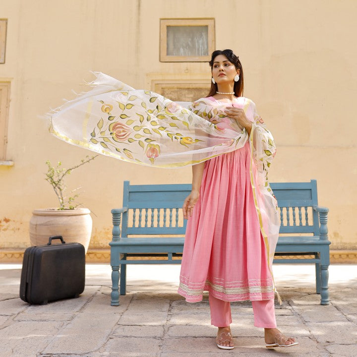 Solid Pink Anarkali Suit Set With Hand Painted Organza Dupatta