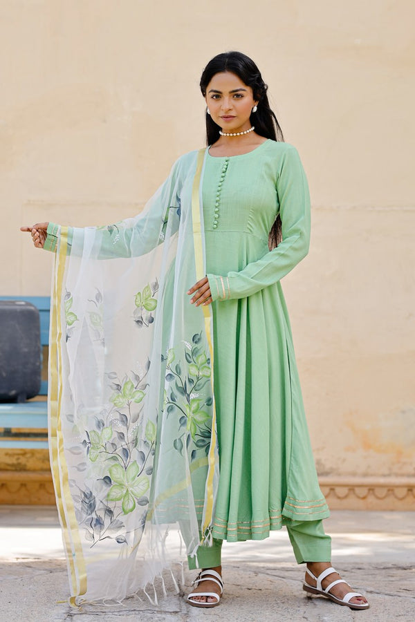 Solid Green Anarkali Suit Set With Hand Painted Organza Dupatta
