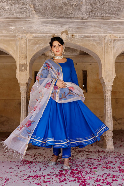 Solid blue anarkali suit set with hand painted organza dupatta