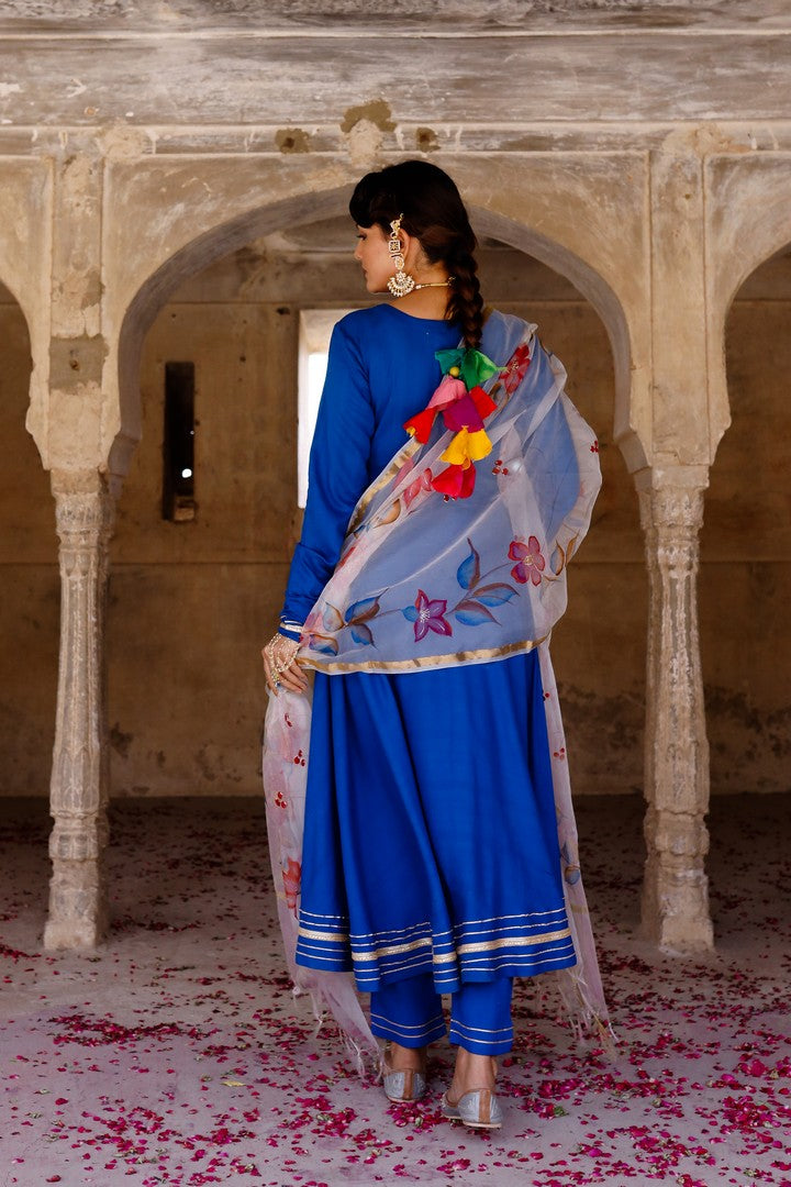 Solid blue anarkali suit set with hand painted organza dupatta