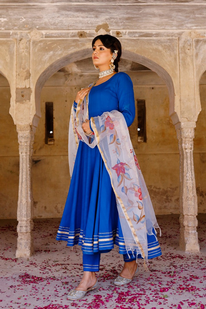Solid blue anarkali suit set with hand painted organza dupatta