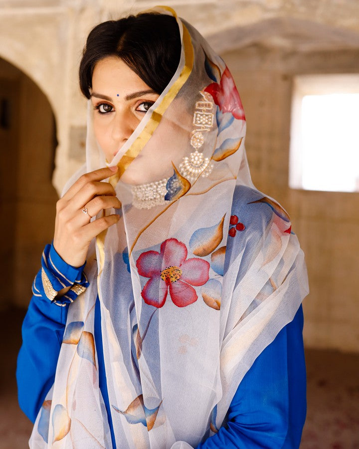 Solid blue anarkali suit set with hand painted organza dupatta