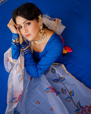 Solid blue anarkali suit set with hand painted organza dupatta