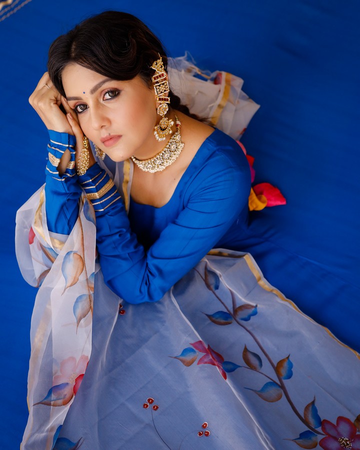 Solid blue anarkali suit set with hand painted organza dupatta