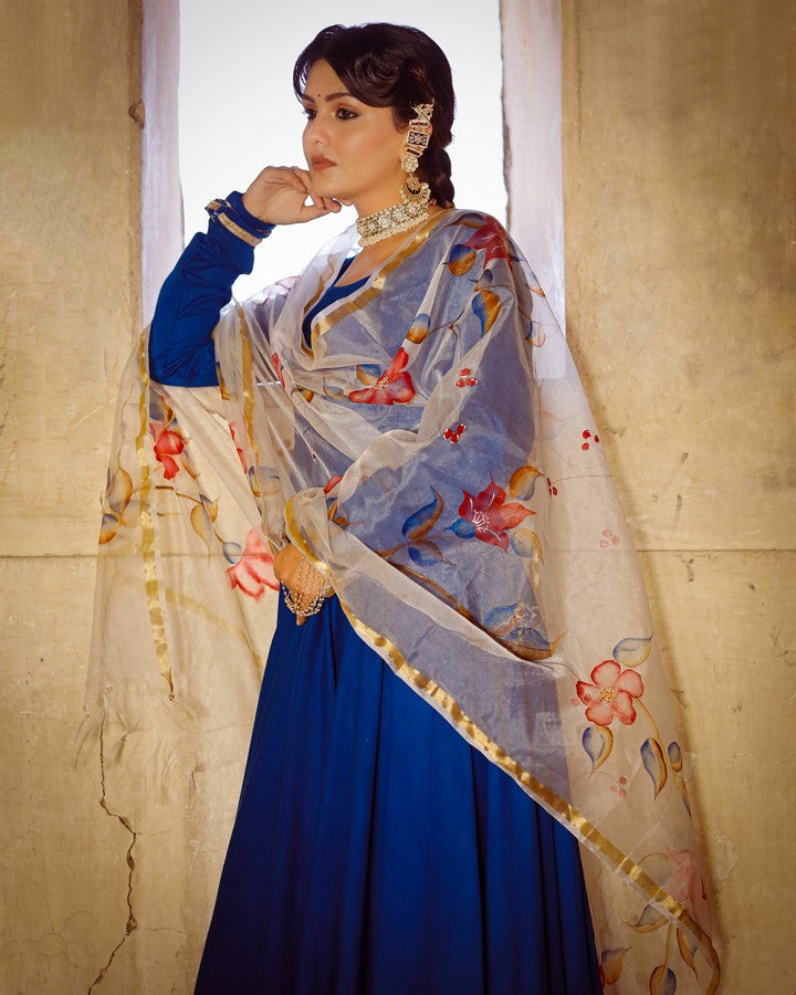 Solid blue anarkali suit set with hand painted organza dupatta