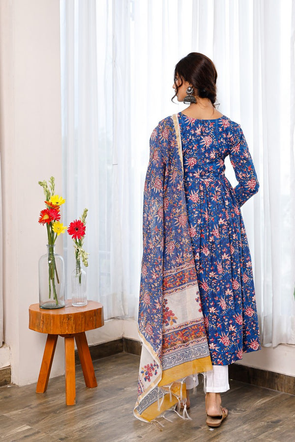 Blue Floral Hand Block Print Gathered Anarkali Paired Up With Matching Print Chanderi Dupatta And White Pants.