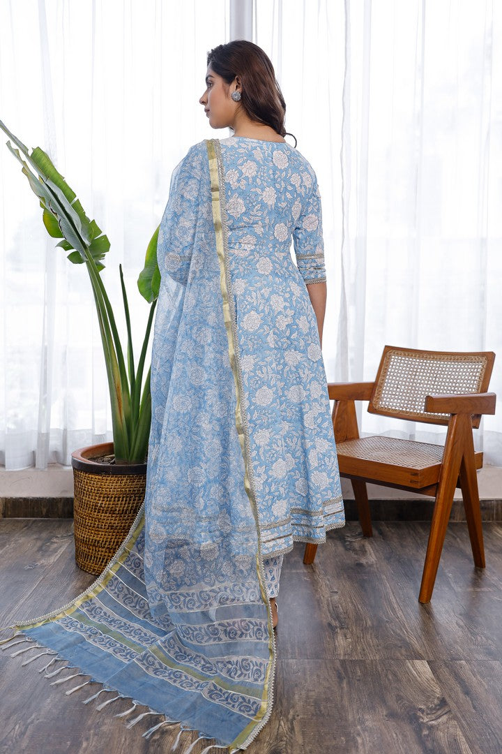 Light Blue Floral Hand Block Printed Anarkali With Printed Organza Dupatta And Pants