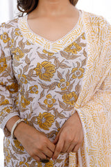 Mustard Yellow Floral Hand Block Printed Straight Kurta Set With Printed Pants And Dupatta