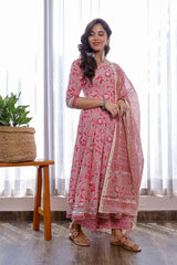 Pink And Red Hand Block Printed Suit With Pants And Cotton Dupatta With Gota Details