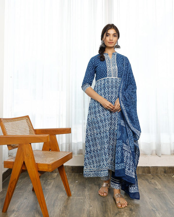 Indigo Bagru Hand Block Printed A-Line Kurta Paired With Printed Pants And Dupatta With Gotta Details