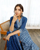 Indigo Bagru Hand Block Printed A-Line Kurta Paired With Printed Pants And Dupatta With Gotta Details