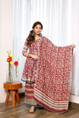 Red Hand Block Print Peplum Kurta And Palazzo