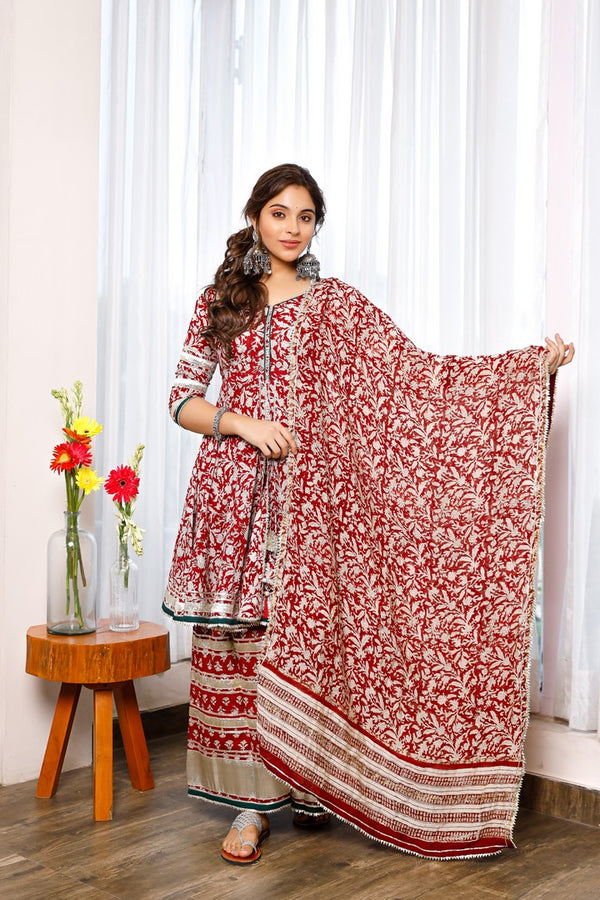 Red Hand Block Print Peplum Kurta And Palazzo