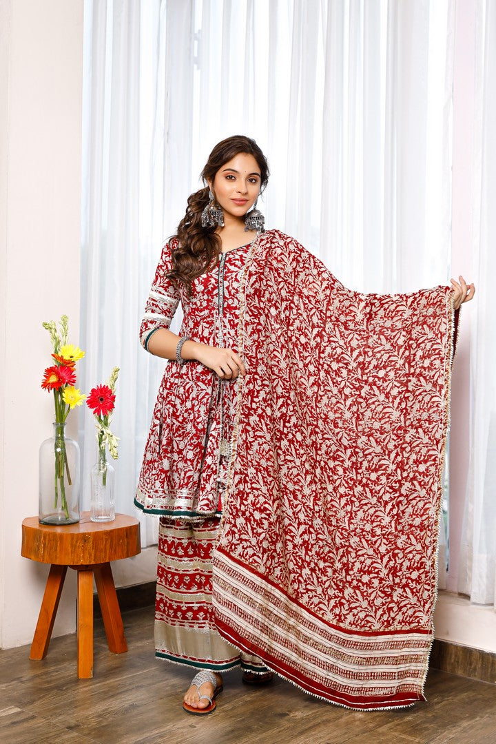 Red Hand Block Print Peplum Kurta And Palazzo