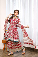 Red Hand Block Print Peplum Kurta And Palazzo
