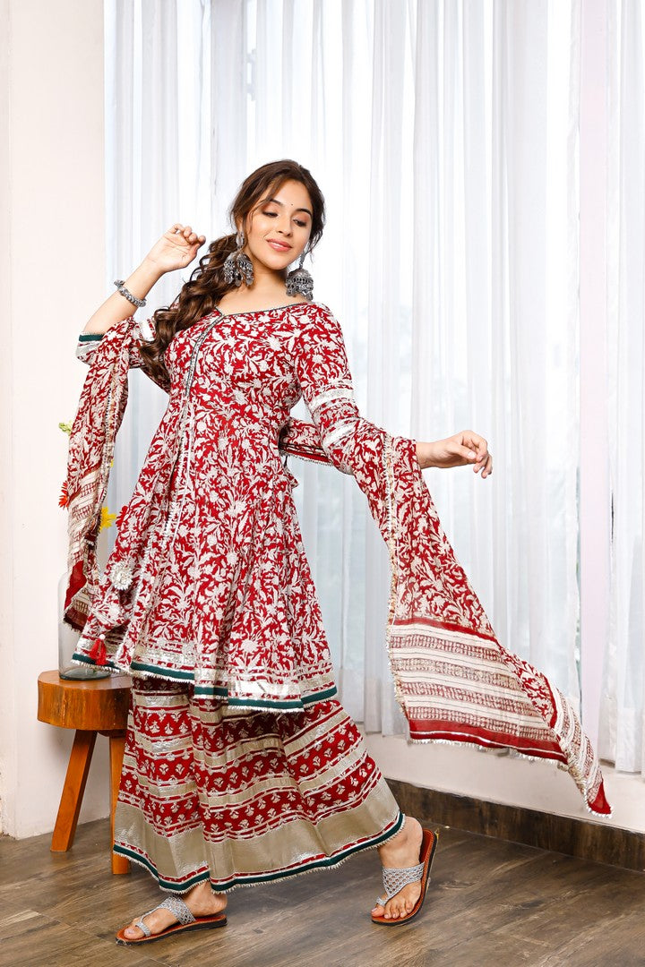 Red Hand Block Print Peplum Kurta And Palazzo