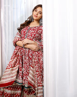 Red Hand Block Print Peplum Kurta And Palazzo