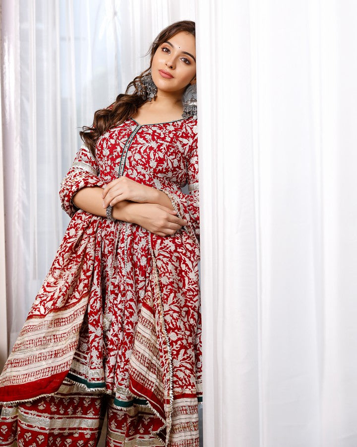 Red Hand Block Print Peplum Kurta And Palazzo
