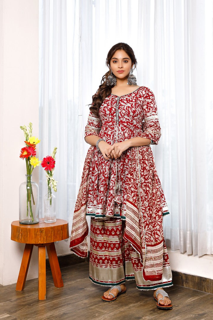 Red Hand Block Print Peplum Kurta And Palazzo