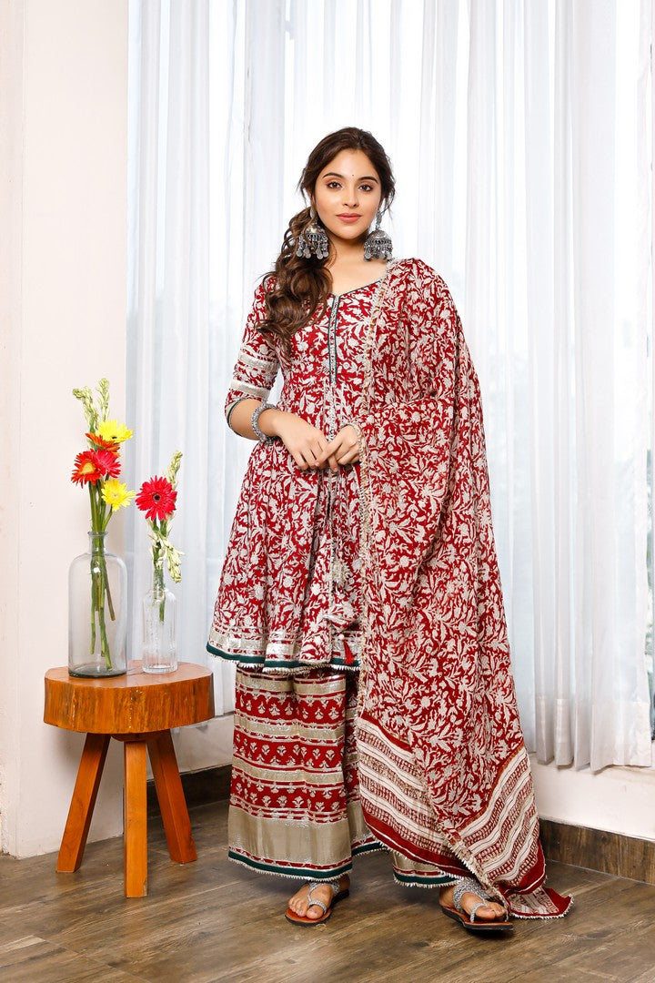 Red Hand Block Print Peplum Kurta And Palazzo