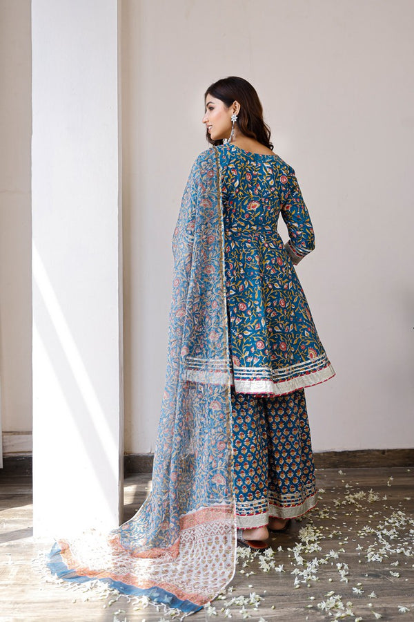 Blue Hand Block Printed Peplum Top With Palazzo Pants Paired With Printed Doria Dupatta