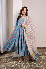 Blue Butti Floral Printed Anarkali With Pants Paired With Chanderi Printed Dupatta