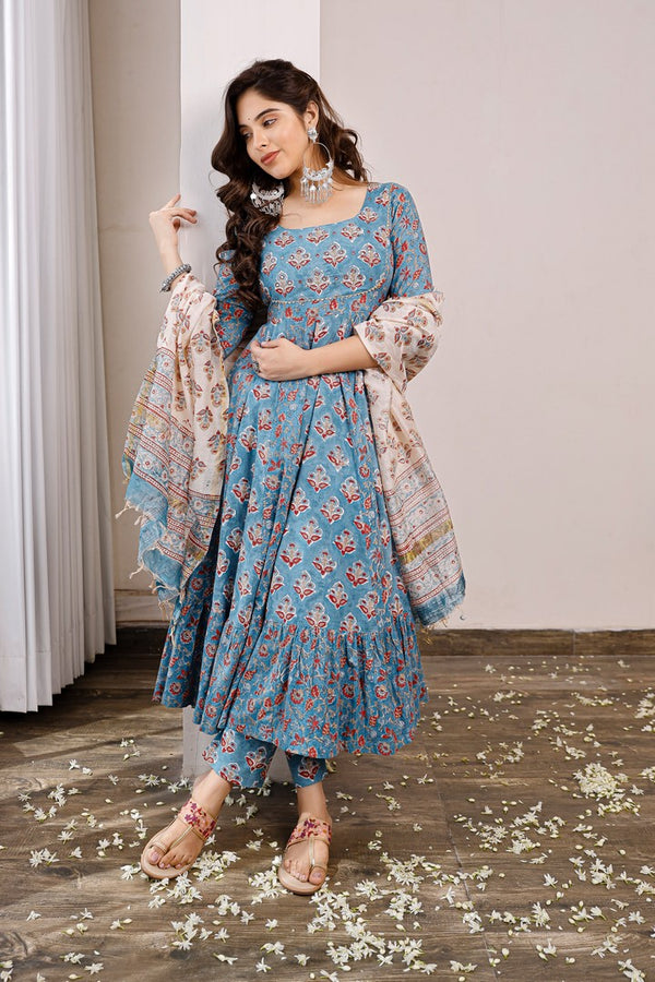 Blue Butti Floral Printed Anarkali With Pants Paired With Chanderi Printed Dupatta