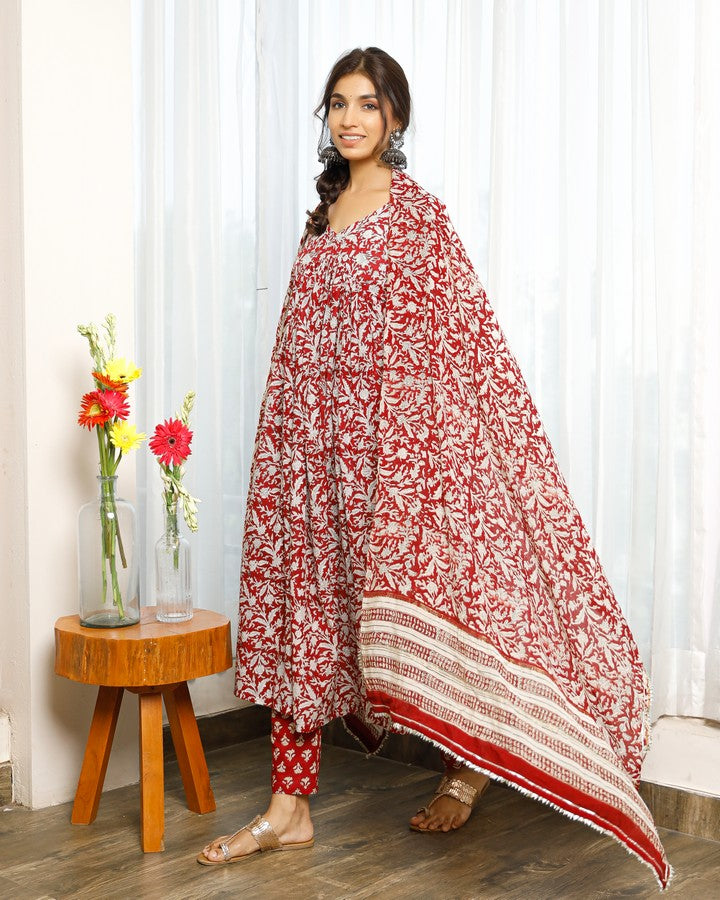 Red Floral Hand Block Printed Full Sleeves Anarkali With Gathers Paired With Printed Pants And Chanderi Dupatta