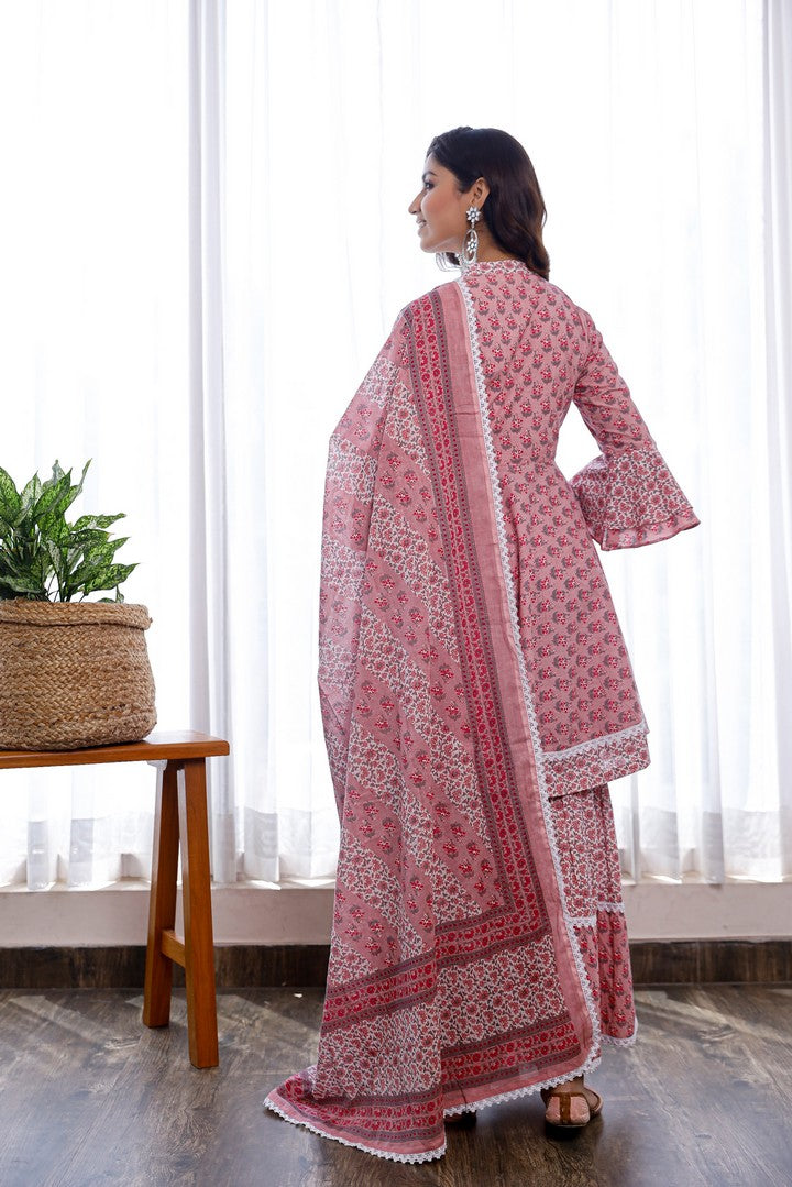 Pink Hand Block Printed Peplum Top With Manderian Collar And Gathers At Waist Paired With Sharara And Cotton Dupatta