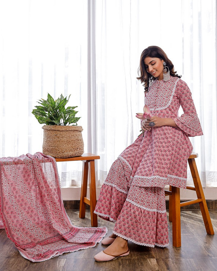 Pink Hand Block Printed Peplum Top With Manderian Collar And Gathers At Waist Paired With Sharara And Cotton Dupatta