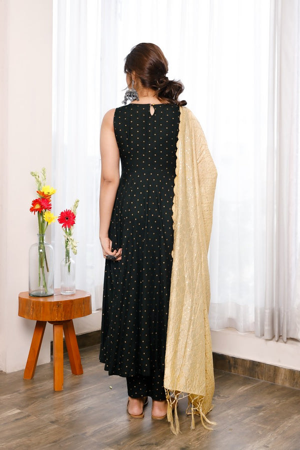 Black Polka Dots Rayon Anarkali With Pants And Golden Embroidered Tissue Dupatta