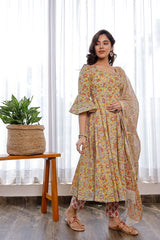 Mustard Hand Block Printed Floral Anarkali With Flare Sleeves Paired With Pants And Chanderi Dupatta