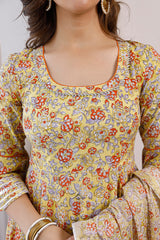 Mustard Hand Block Printed Floral Anarkali With Flare Sleeves Paired With Pants And Chanderi Dupatta