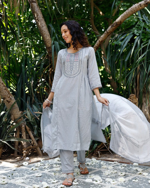 Grey Cotton Embroidered Straight Salwar Suit Set