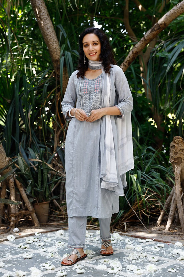 Grey Cotton Embroidered Straight Salwar Suit Set