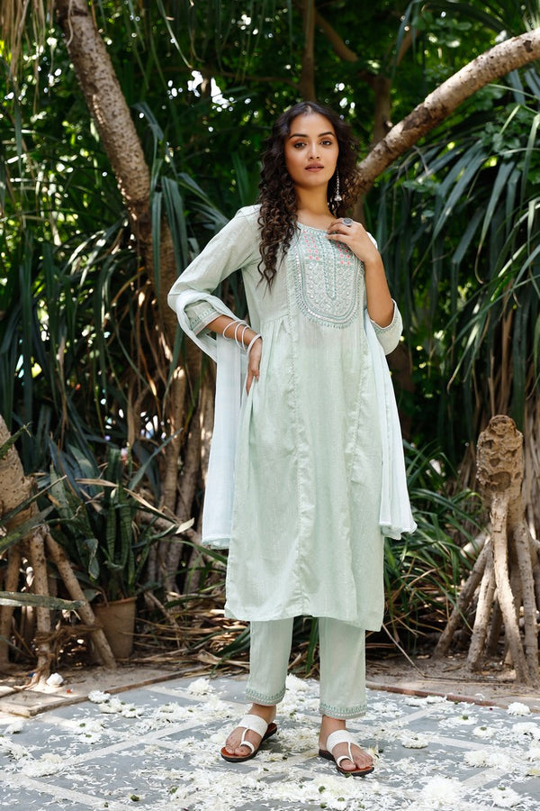 Light Green Cotton Embroidered Straight Salwar Suit Set