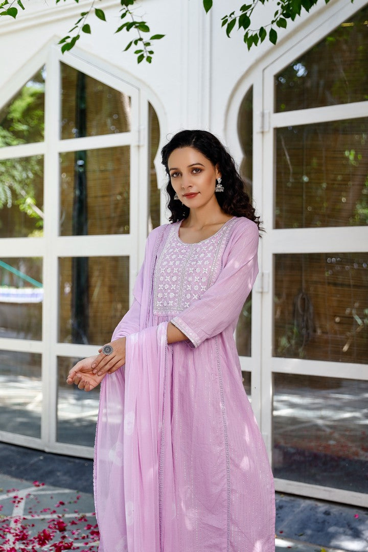 Purple Cotton Embroidered Straight Salwar Suit Set