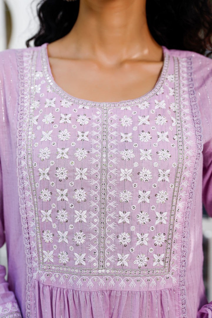 Purple Cotton Embroidered Straight Salwar Suit Set