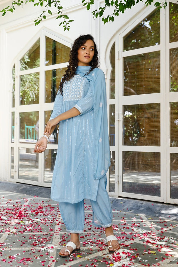 Light Blue Cotton Embroidered Straight Salwar Suit Set