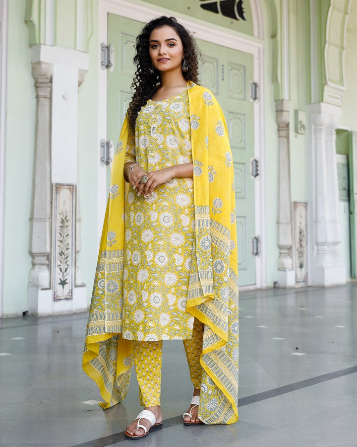 Yellow Floral Print Cotton Straight Salwar Suit Set