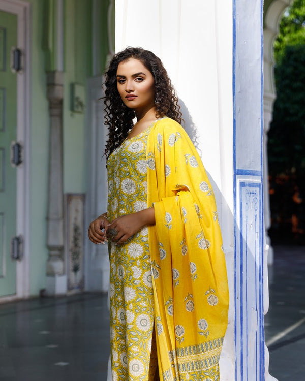 Yellow Floral Print Cotton Straight Salwar Suit Set