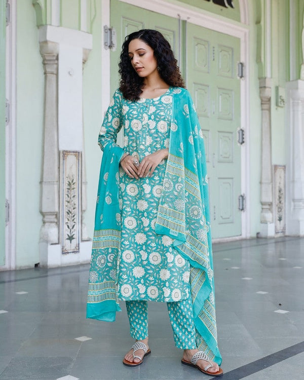 Turquoise Floral Print Cotton Straight Salwar Suit Set